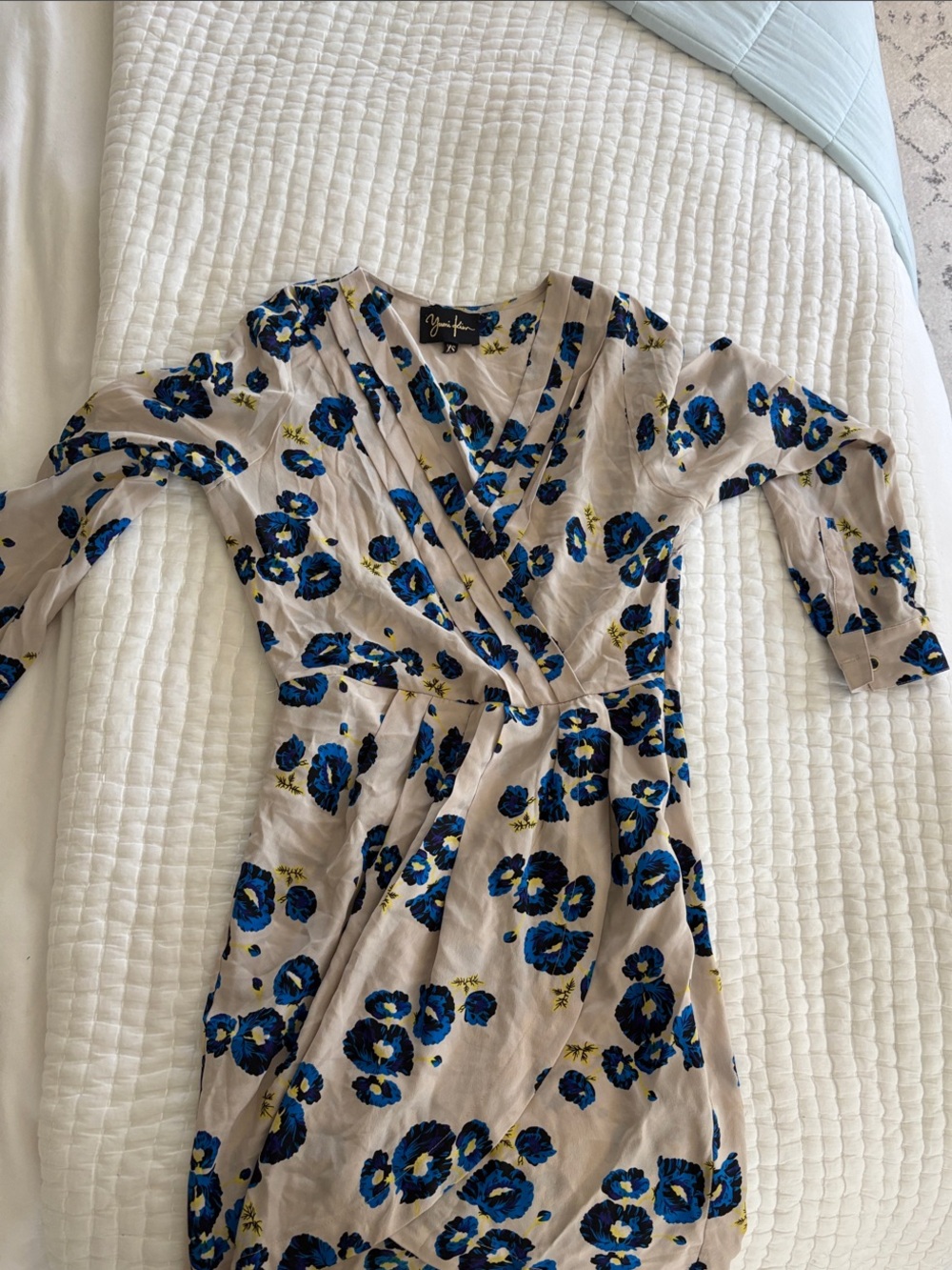 Yumi Kim Beige Wrap Dress with Bold Blue Floral Print